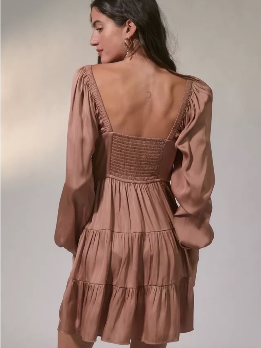 Women's Long Sleeve Smocked Back Tiered Mini Dress - Taupe